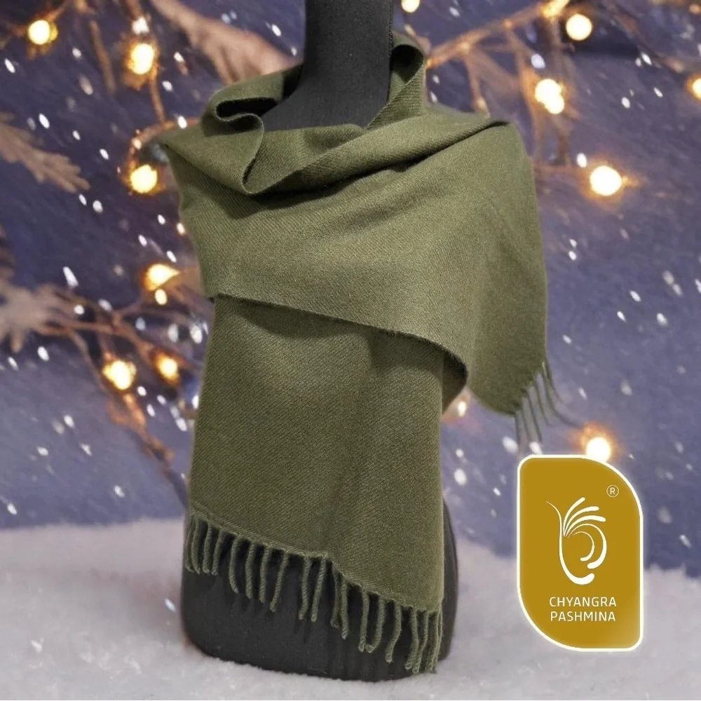 100% Pure 4-Ply Chyangra Pashmina Cashmere Scarf Handmade Nepal COA NWT -OLIVE